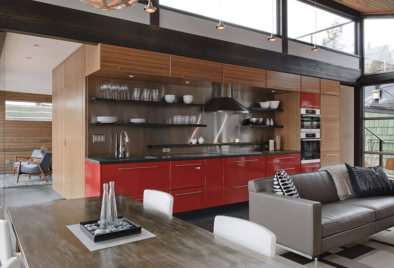 cozinhas vermelhas para lofts grandes